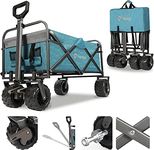 Sekey Folding Wagon with 220LBS Large Capacity,Duty Beach Wagon Cart on Big All-terrain Wheels with Brake, Collapsible Trolley Cart with Adjustable Handle & Drink Holders.Light Blue.