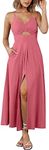 BTFBM Women 2025 Summer Spaghetti Strap Dress Sleeveless V Neck Cutout Slit Casual Beach Party Maxi Dresses with Pockets(Solid Dark Pink, X-Large)