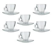 Espresso Coffee Cups. Modern Clear Glasses. Serving Tableware. Set of 6 Cups & 6 Saucer. (95 cc/ml)