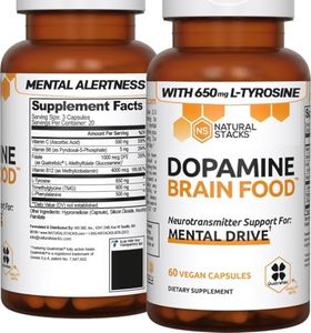 NATURAL STACKS Dopamine Brain Food - 650mg L-Tyrosine Supplement - Dopamine Supplement for Focus & Mental Drive - Supports Mental Energy - Neurotransmitter Support with Vitamin B6 & B12-60 Capsules