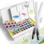 Ezigoo Watercolour Paint Set Professional Painting Suppliers Kit in Portable Travel Box 48 Half Pan with 2 Water Brush & 2 Sponge & A Mixing Palette for Artists, Students, Hobbyists, Adults, Children