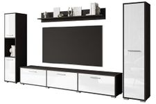 MINIO - Wall Unit 4-Piece Toga, Living Room Furniture Set, 1x TV Unit, 2x High Cabinet, 1x Wall Shelf, Living Room Unit, Living Room Set - Colour Matera/White High-Gloss