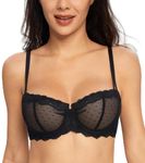 Lemorosy Women's Balconette Push Up Bra Unlined Non-Padded Half Cup Bra Lace Sheer Underwire(Black 32C)