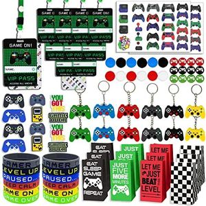 Bluegogo 146 Pcs Video Game Party Favors, Gamer Party Favors for Boys - VIP Passes with Lanyards Bracelets Keychains Tattoo Stickers Shoe Charms Button Caps Party Bags for Gaming Party Favors