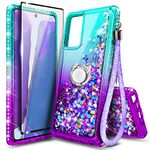 NZND Designed for Samsung Galaxy A03S Case, AO3S Phone Case, Glitter Liquid Floating Waterfall Girls Women Kids Cute Case with Tempered Glass Screen Protector/Ring Holder/Wrist Strap (Aqua/Purple)