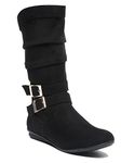 Bruno Manetti Women's Black Calf-Length Comfort Boots - Slip-On Side Zipper with PU Belt and Buckle, Round Toes