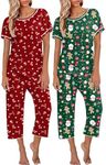 Ekouaer 2 Pack: Womens Pajamas Short Sleeve Sleepwear Tops and Capri Pants Pjs Print Pajama Sets, Christmas, X-Large