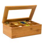 Relaxdays Bamboo Box with 8 Compartments Bag Caddy Wooden with Closable Lid + Window Chest Aroma-Proof Storage for Fresh Tea, Lacquered, Brown, 9 x 28 x 16 cm