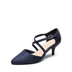 DERAM Pairs Womens Court Shoes Mid Heel Chunky Dress Sandals Pointed Toe Kitten Ladies Ankle Strap Wedding Party Pumps SDPU2437W-E,Size 5,Navy,SDPU2437W-E