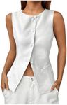 MakeMeChic Women's Vest Top Sleeveless Blazer Split Hem Button Down Dressy Suit Vest Outerwear Waistcoat White Medium