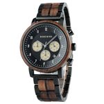 BOBO BIRD Men's Quartz Watch with Stainless Steel and Wood Adjustable Band with Double Folding Clasp 4 Stylish Colors Multifunctional Chronograph and Date Display (Black)