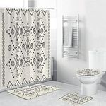 ZQMHCY Bath Mat Boho Beige Black Bathroom Mat 3-Piece Set Washable, 1 Soft U Rug+1 Bath Mats Non Slip Shaped Absorb Water (45x75)+1 Fast Dry Toilet Seat Covers