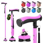 BeneCane Walking Cane for Men & Women Walking Stick for Seniors Folding Canes Quad Cane Adjustable Lightweight Sturdy Free Standing Collapsible Heavy Duty with Soft TPR T-Handle and Travel Bag Pink
