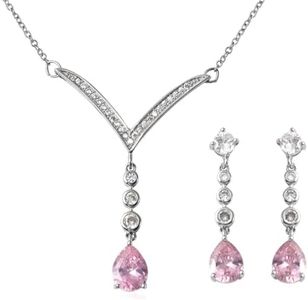 SHOP LC Bridesmaid Pink Jewelry Set for Women Earrings Necklace Cubic Zirconia CZ Platinum Plated Wedding Birthday Gifts for Women 18" Birthday Gifts