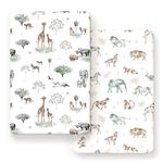 GRSSDER Stretchy Ultra Soft Jersey Knit Fitted Pack n Play Sheets Set 2 Pack, Portable/Mini Crib for Boys and Girls, Stylish Playard Safe Snug, African Savannah Animals Pattern