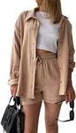 Geagodelia Women's 2 Pieces Outfit Summer Ladies Co Ord Set Button Down Shirt Top + Shorts Y2k Aesthetic Clothes Loungewear Streetwear Workout (A - Khaki, S)