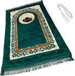 Prayer Rug Muslim Prayer Mat Islamic - Very Thick Prayer Rug Sajadah for Men Women with Islam Prayer Beads for Eid Travel Ramadan, Soft and Luxury (Green)