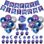 Galaxy Birthday Party Decorations for Kids Outer Space Starry Sky Theme Happy Birthday Banner Metallic Foil Balloons Planet Cake Toppers for Solar System Themed Birthday Party Decor