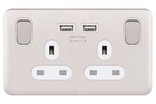 Schneider Electric Lisse Screwless Deco - Switched Double Power Socket, Single Pole with USB Charging Ports, 13A, GGBL30202USBAWSSS, Stainless Steel with White Insert