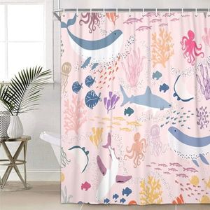 Lacoiime Shark Shower Curtain, Pink Boho Ocean Fish Shower Curtain Abstract Underwater Animal Cartoon Bathroom Curtain with Colorful Fabric Shower Curtains for Kids Bathtub Decor (70 X 75 inch)