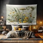 Ambesonne Trippy Tapestry, Bohemian Botany Feel Leafy Jungle Flowers with Skeleton and Moon Ornate, Fabric Wall Hanging Decor for Bedroom Living Room Dorm, 90" X 60", Pale Green Earth Yellow