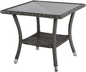 Super Patio Outdoor Side Table, 20" Square Wicker End Table, Tempered Glass Top Coffee Table with Storage, Aluminum Frame-Gray