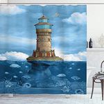 Ambesonne Lighthouse Decor Collection, Lighthouse Seagulls Birds Architecture Maritime Reef Fish Undersea Scenic, Polyester Fabric Bathroom Shower Curtain, 75 Inches Long, Teal Blue Ivory Green