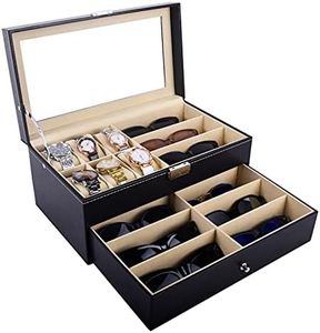 AUTOARK Leather 6 Watch Box Jewelry Case and 9 Piece Eyeglasses Storage and Sunglass Glasses Display Drawer Lockable Case Organizer,Black,AW-048