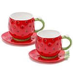 Noviko Strawberry Tea Cup and Saucer Coffee Mug Ceramic Coffee Cup with Saucer - 8 oz,Set of 2 (Red)