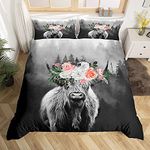 Loussiesd Highland Cow Duvet Cover Bull Cattle Floral Bedding Set Western Farmhouse Animal Comforter Cover for Boys Girls Kids Misty Nature Room Decor Foggy Woodland Bedspread Cover King Size