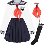 Colorful House Long Sleeve Japanese School Girls Uniform Sailor Pleated Skirt Anime Cosplay Costumes with Socks Set(White, Small)