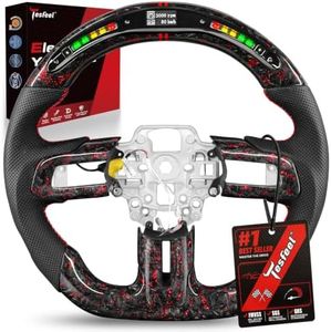 TESFEEL LED Forged Carbon Fiber Steering Wheel for Ford Mustang 2018-2023, Red Flakes, D-Shape Flat Bottom, Nappa Leather with Red Stripe & Stitching, Fits for EcoBoost, GT, GT350 & GT350R