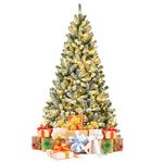 DORTALA Pre-lit Christmas Tree, 7 FT Snow Flocked Artificial Xmas Tree with 1116 Branch Tips, 450 LED Lights, Foldable Metal Stand, Green