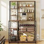 YITAHOME Kitchen Microwave Stand Bakers Rack Coffee Bar with Power Outlet, 39 Inch Large Freestanding Tall Dining Room Storage Shelves for Wine Liquor with Cup Holder, Rustic Brown