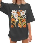 UNIQUEONE Boho Oversized Flower Shirt Women Vintage Floral Graphic T-Shirt Fall Clothes Garden Lovers Tops Casual Tees Grey