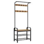 VASAGLE Coat Rack, Coat Stand with Shoe Storage Bench, 4-in-1 Design, with 9 Removable Hooks, a Clothes Rail, for Hallway, Entrance, 33.7 x 72 x 183 cm, Industrial, Rustic Walnut and Black HSR040B41