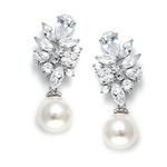 Mariell Bold CZ Cluster Wedding Bridal Earrings with Light Ivory Pearl Drops - Genuine Platinum Plated