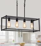 AMZASA Black Modern Industrial Kitchen Island Light 4-Lights Rectangular Linear Farmhouse Chandelier Pendant Light Fixtures for Dining Room Office Bar UL Listed