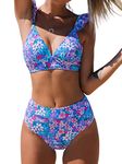 CUPSHE Women Bikini Sets High Waisted Bottom Floral Print Ruffle V Neck Bathing Suits 2 Piece Swimsuit Swimming Costume Purple M