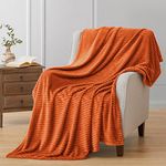 Vessia Flannel Fleece Orange Throw Blanket for Couch, Lightweight Striped Blanket Throw for Adults and Kids, Warm Cozy Soft Bed Blanket, Microfiber Ribbed Sofa Blanket for All Season