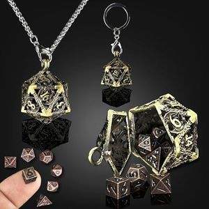 HAOMEJA DND Metal Mini Dice Set 7pcs Tiny Small Polyhedral D&D Dice Set with Hollow D20 Necklace & Keychain Portable & Dragon Eye Bag Apply to Dungeons and Dragons Dice (Bronze & Mini Red Copper)