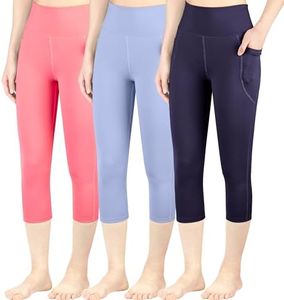 BIG ELEPHANT 3 Packs Girls Capri Leggings with Pockets, High Waisted Yoga Pants Athletic Running Dance Workout for Kids