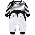 Baby Rompers Boys Girls Cotton Overalls Long Sleeve Jumpsuit Pyjama, Black and White(penguin) 9-12 Months