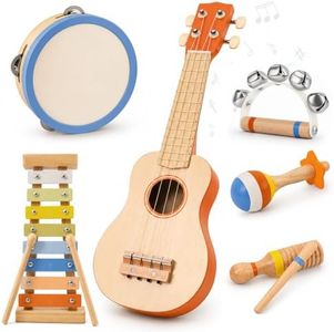 Kids Guitar Set, 6-in-1 Montessori Wooden Musical Instruments Set for Toddlers 2-3, Music Toys with Ukulele, Xylophone, Tambourine & Maracas, Birthday for Ages 2+ Boys Girls