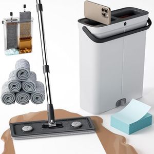 POPMOP Compact Floor Mop and Bucket - Flat Mop and Bucket with Wringer Set Hands Free | Wet Dry Mop for Apartment Home, RV, Windows, Wall, Hardwood Floor,with 6 Microfiber Cloths