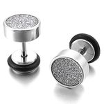 TEMEGO Jewelry Mens Stainless Steel Sandblasting Classic Dumbbell Huggie Stud Earrings Set, Black Silver