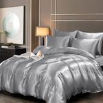 Guchuang Bedding Silk Satin Double Size Complete Bedding Set 6 Pieces Grey Duvet Cover Luxury Style Ultra Soft Microfiber Quilt Cover 200x200cm with 1 Fitted Sheet, 4 Pillowcases
