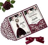 Doris Home 4.7 x7 inch 50PCS Blank Burgundy Quinceanera Invitations Kit Laser Cut Hollow Rose Pocket Quinceanera Invitation Cards with Envelopes for Quincenera Birthday quinceanera Invite