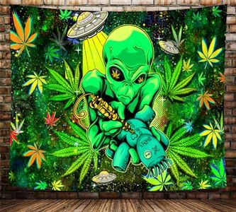 Mtsxfy Trippy Weed Tapestry, Cool Alien Green Marijuana Small Tapestry Wall Hanging for Mens Bedroom, Psychedelic Stoner Tapestries Flag Hippie Poster Beach Blanket College Dorm Home Decor, 40X30in