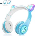 Kids Bluetooth Headphones, Cat Ear LED Light Up Wireless Foldable Headphones Over Ear with Mic, Music Sharing Function and 85db Limited for iPhone/iPad/Smartphones/Laptop/PC (Sky Blue)